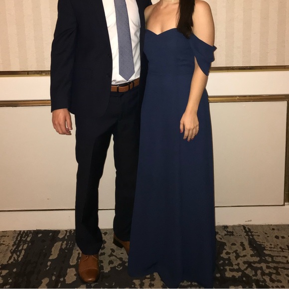 WAYF Rachel Off the Shoulder Gored Maxi Dress in Navy - Picture 4 of 10